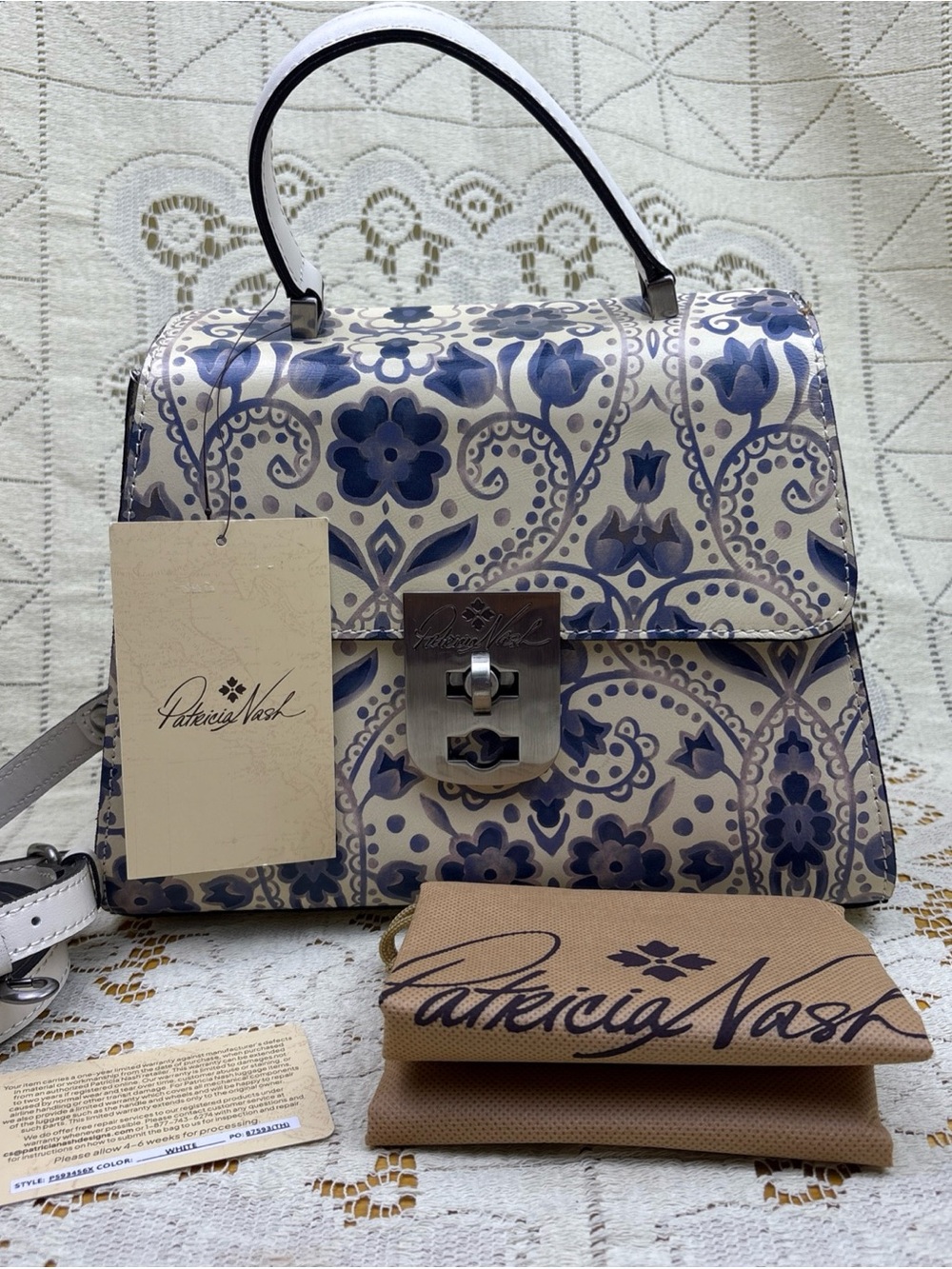 Patricia Nash Chauny Italian Folklore White Navy Leather Satchel NWT Crossbody